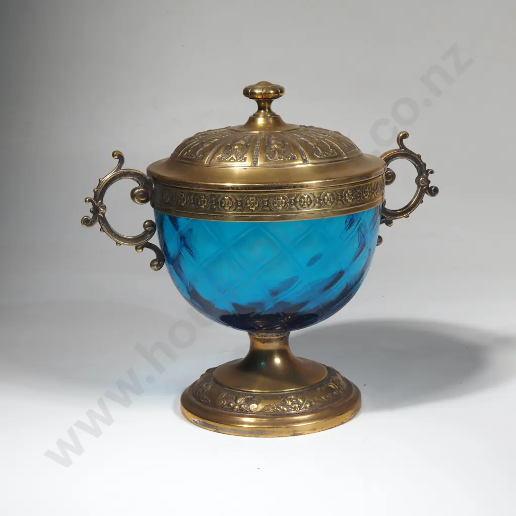 Antique German WMF Blue Glass & Brass Lidded Bowl Image 1++