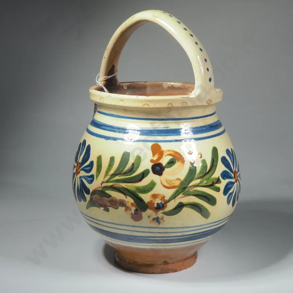 Vintage European Folk Art Terracotta Pot w Handle Decorated w Blue Floral Motifs & Green Foliage on a Cream Ground Image 1++