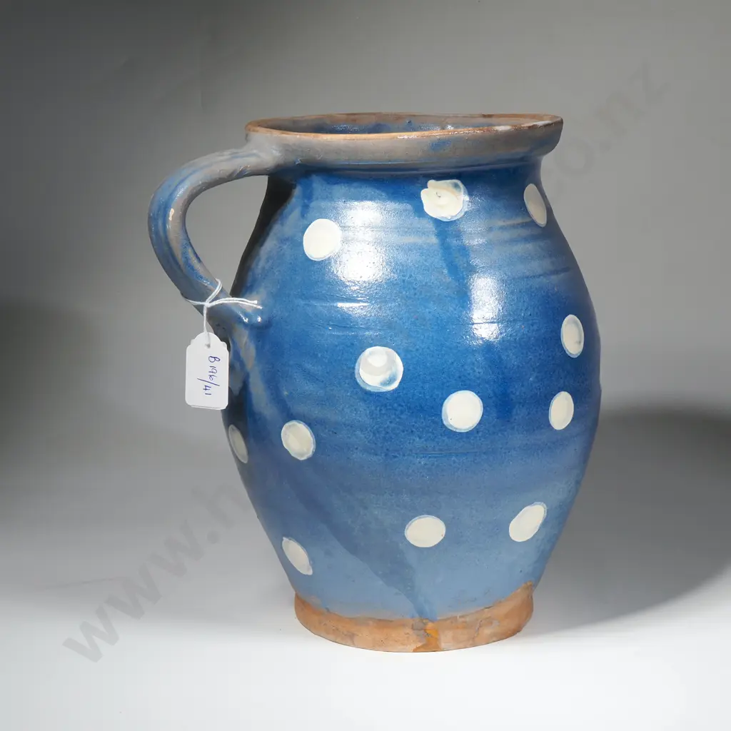 Vintage Glazed Blue Terracotta Pitcher Featuring a Blue Finish w Polka Dots Image 1++