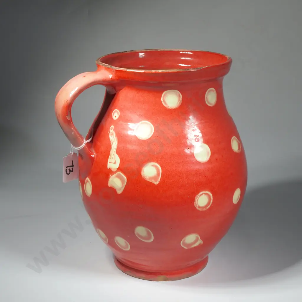 Vintage Glazed Red Terracotta Pitcher Featuring a Blue Finish w Polka Dots Image 1++