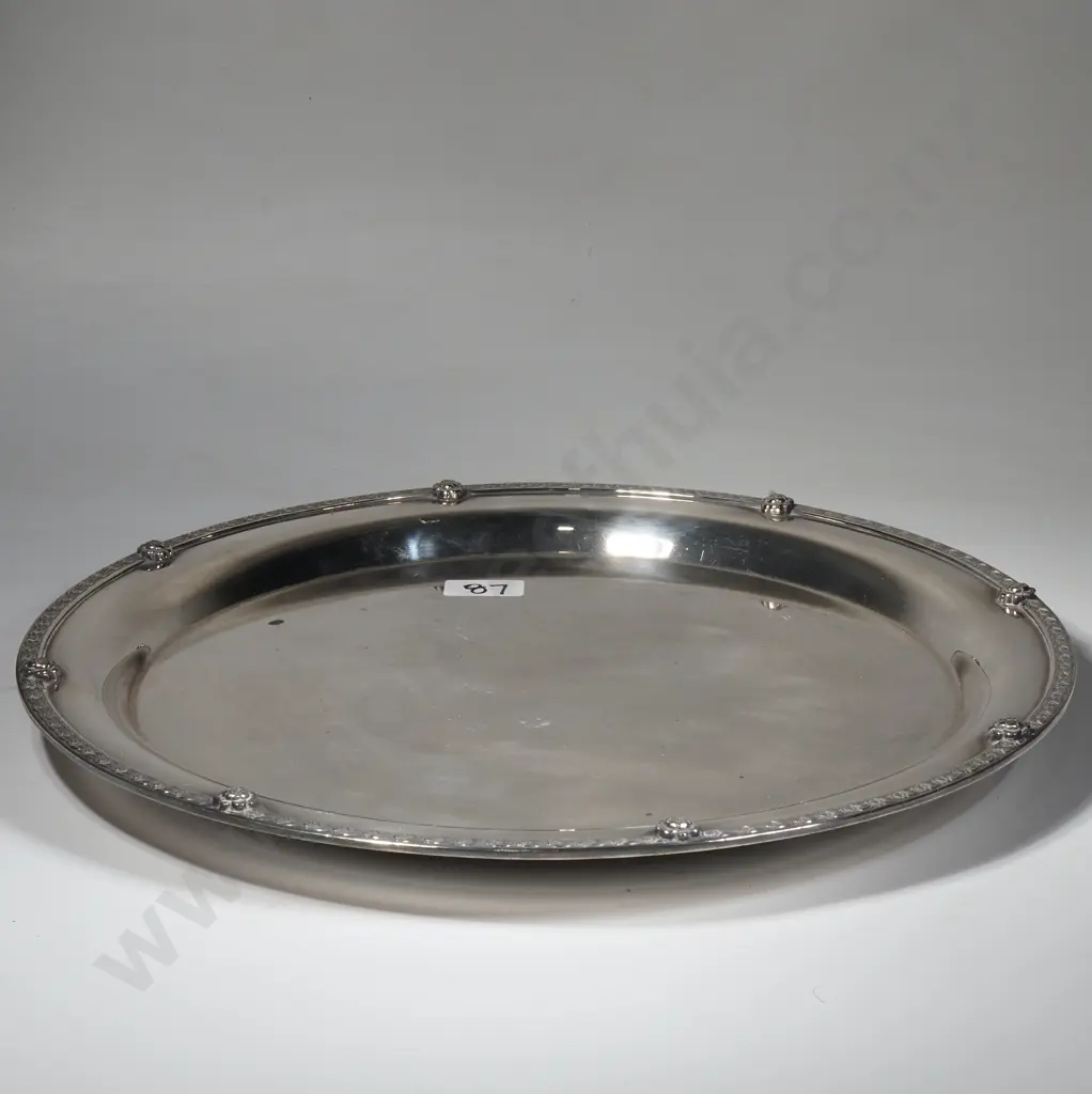 Large Silver round Plate w Ornate Rim Image 1++
