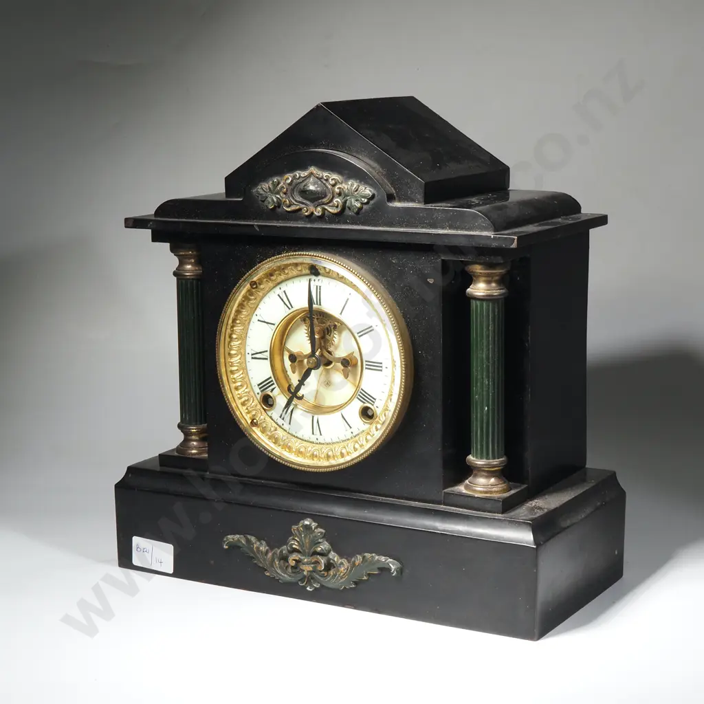 Antique Slate Marble Clock w Greek Temple Facade Image 1++