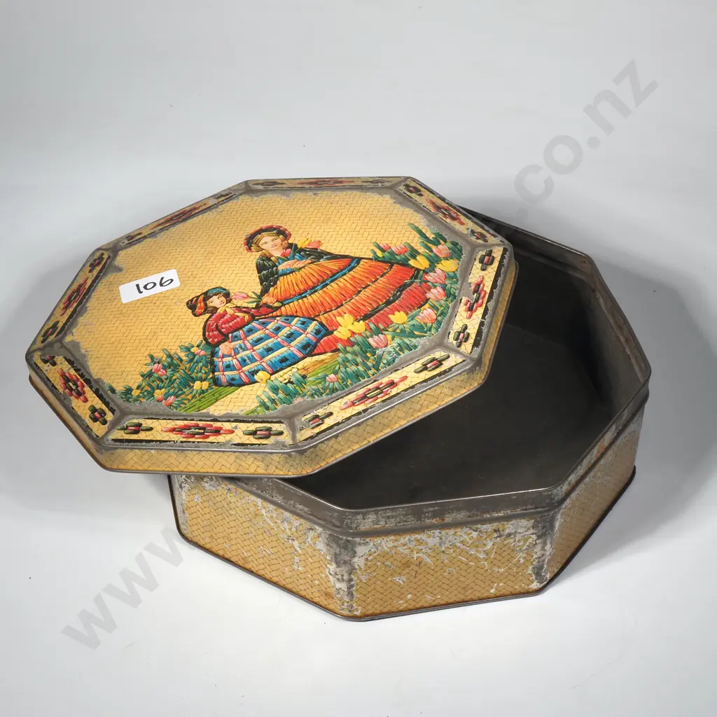 Vintage 1940s Octagonal Sewing/ Biscuit Tin w Basket Weave & Quill Design Image 1++