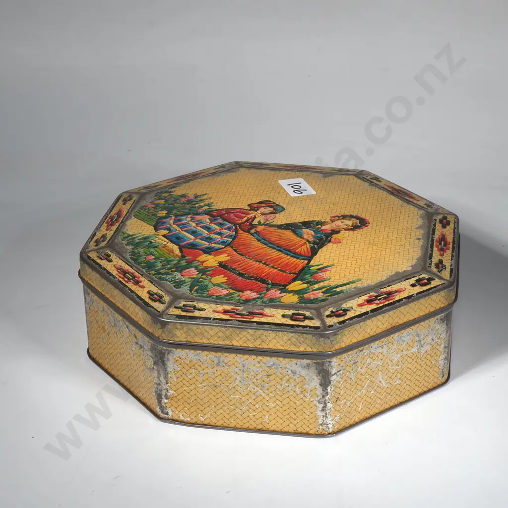Vintage 1940s Octagonal Sewing/ Biscuit Tin w Basket Weave & Quill Design Image 1++