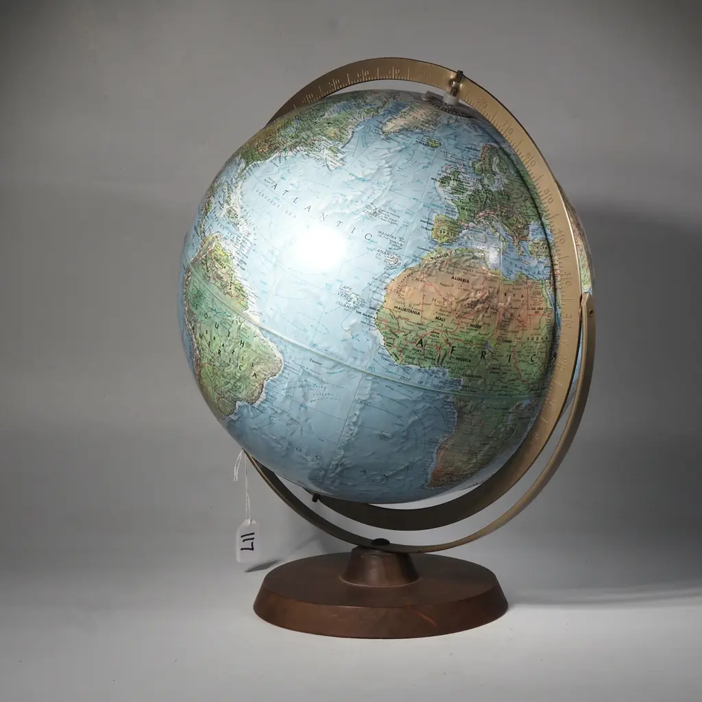 Large Readers Digest Globe of the World on Mahogany Base, Embossed Print & Heavy Iron Axis Image 1++