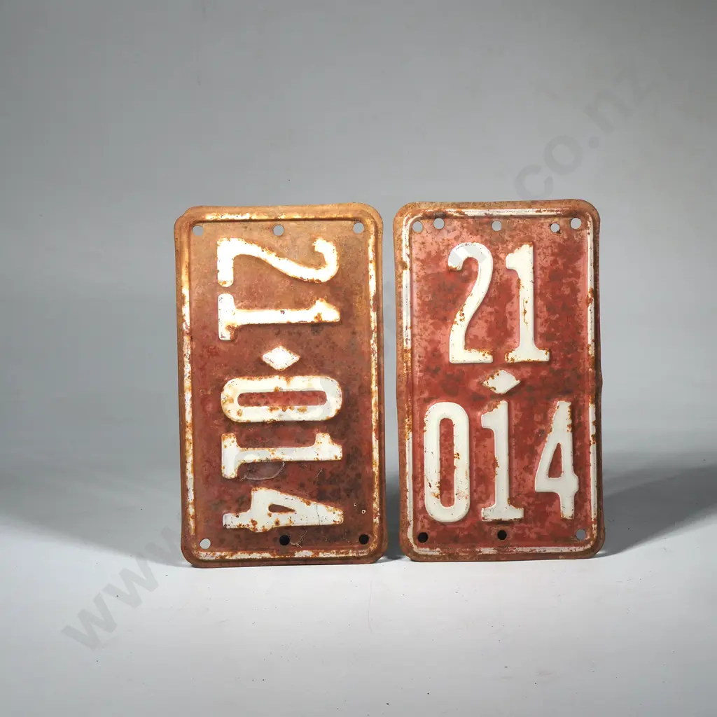2 x Vintage New Zealand License Plates - White Letters on Red Image 1++