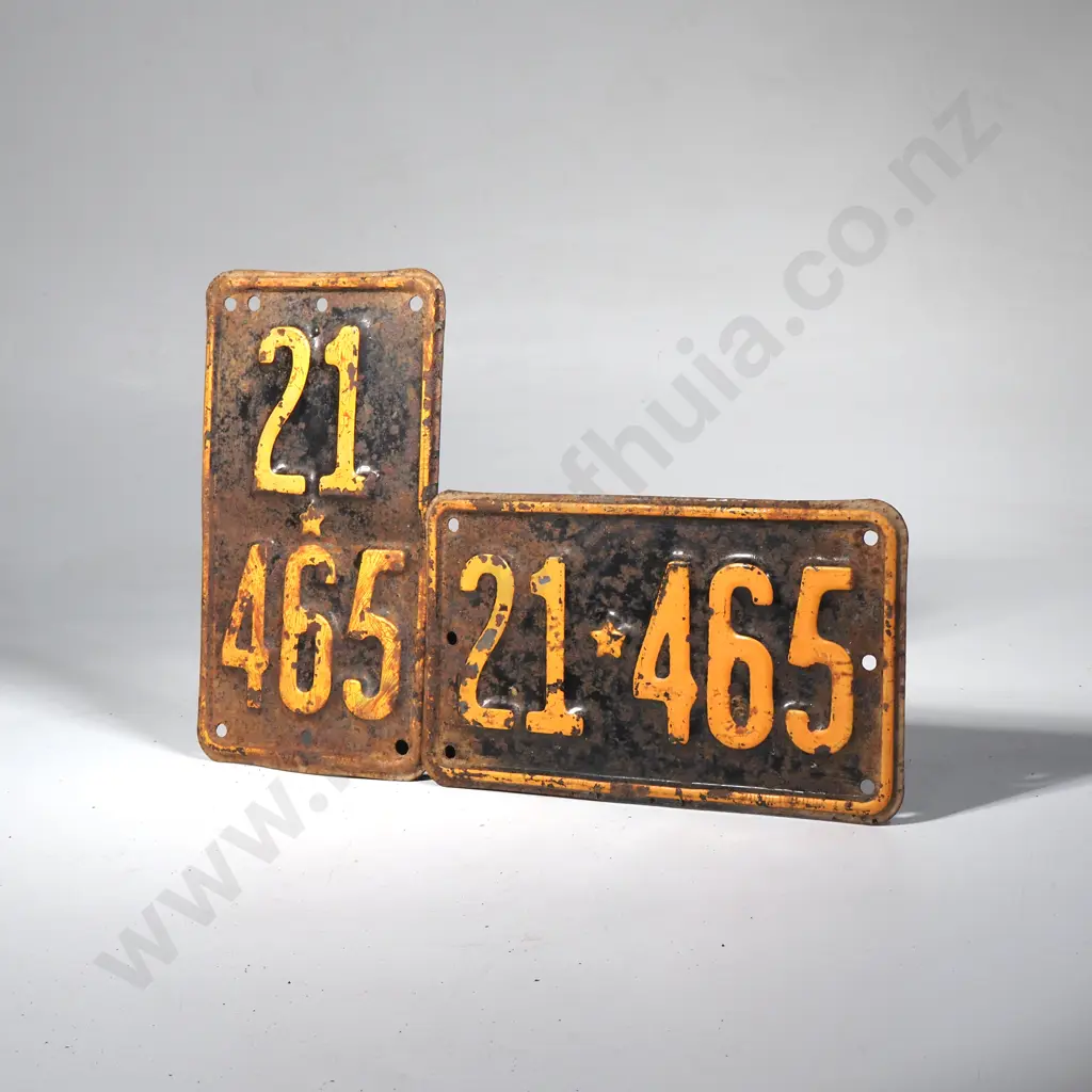 2 x Vintage New Zealand License Plates - Yellow Letters on Black Image 1++