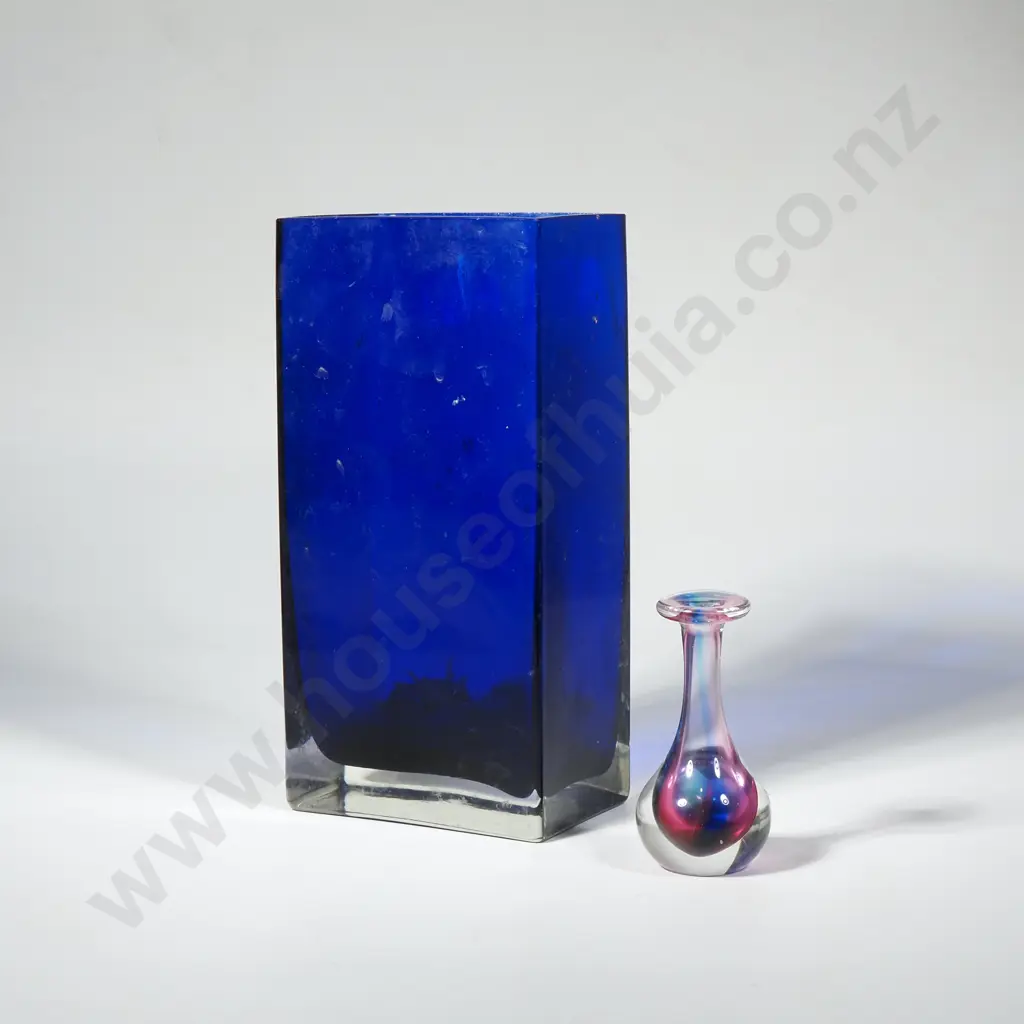 Rectangular Cobalt Blue Vase w Clear Glass Base & a Small Multicolour Miniature Art Glass Vase Image 1++