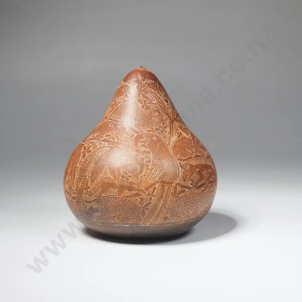 Vintage Peruvian Handcarved Storyteller Gourd Featuring Folk Art Scenes of Animals & Nature Image 1++