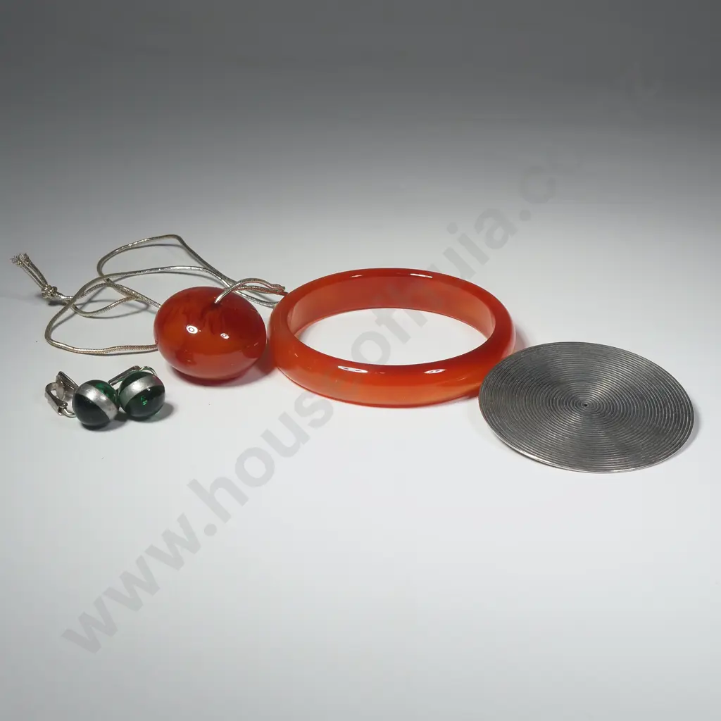 Amber Coloured Bangle, an Orange Carnelian Bead Pendant, Vintage Green Drop Earrings & a Round Silver Coloured Brooch Image 1++