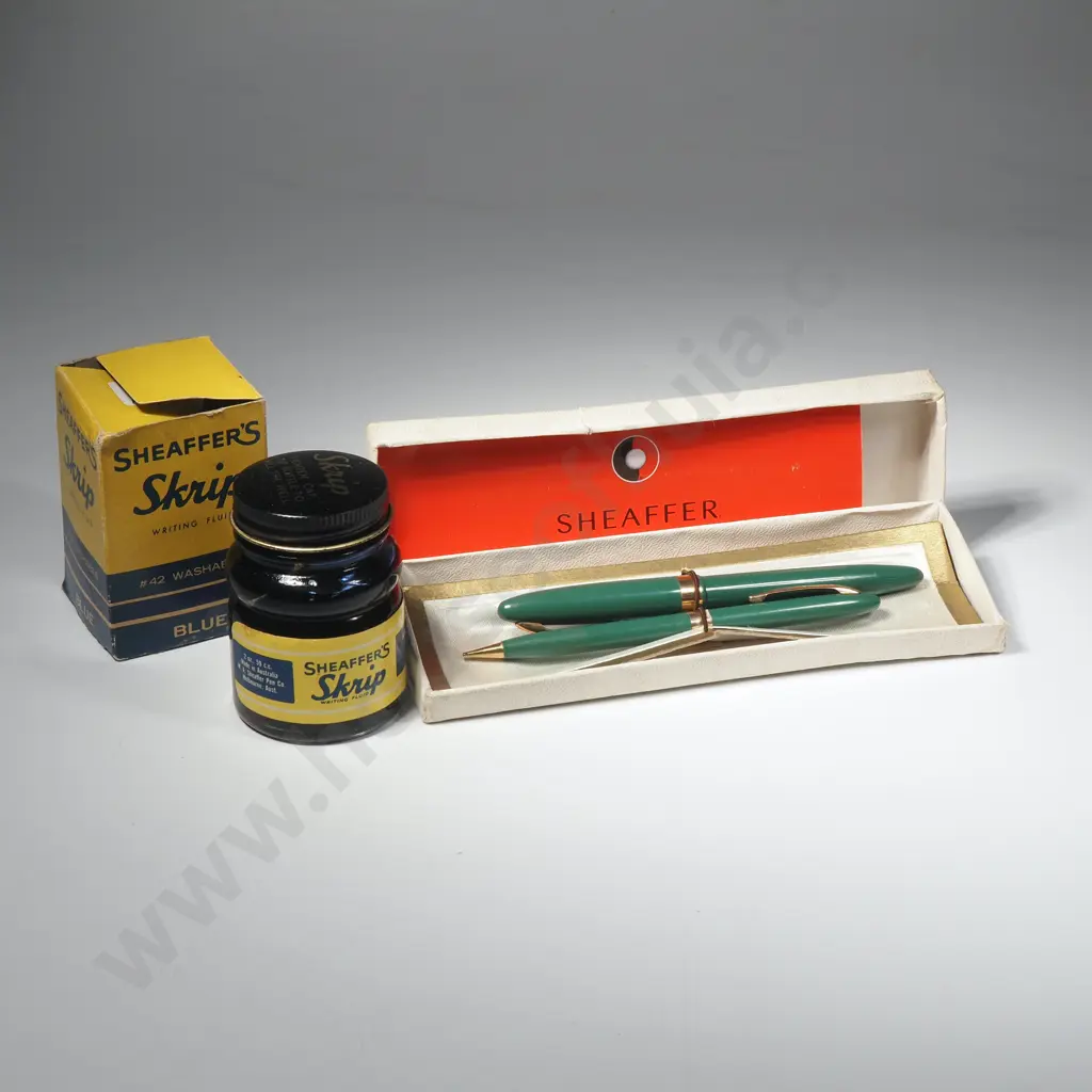 Sheaffer's 1950s Pencil & Fountain Pen w 14ct Gold Nib in Original Case w Warranty and Ink Image 1++