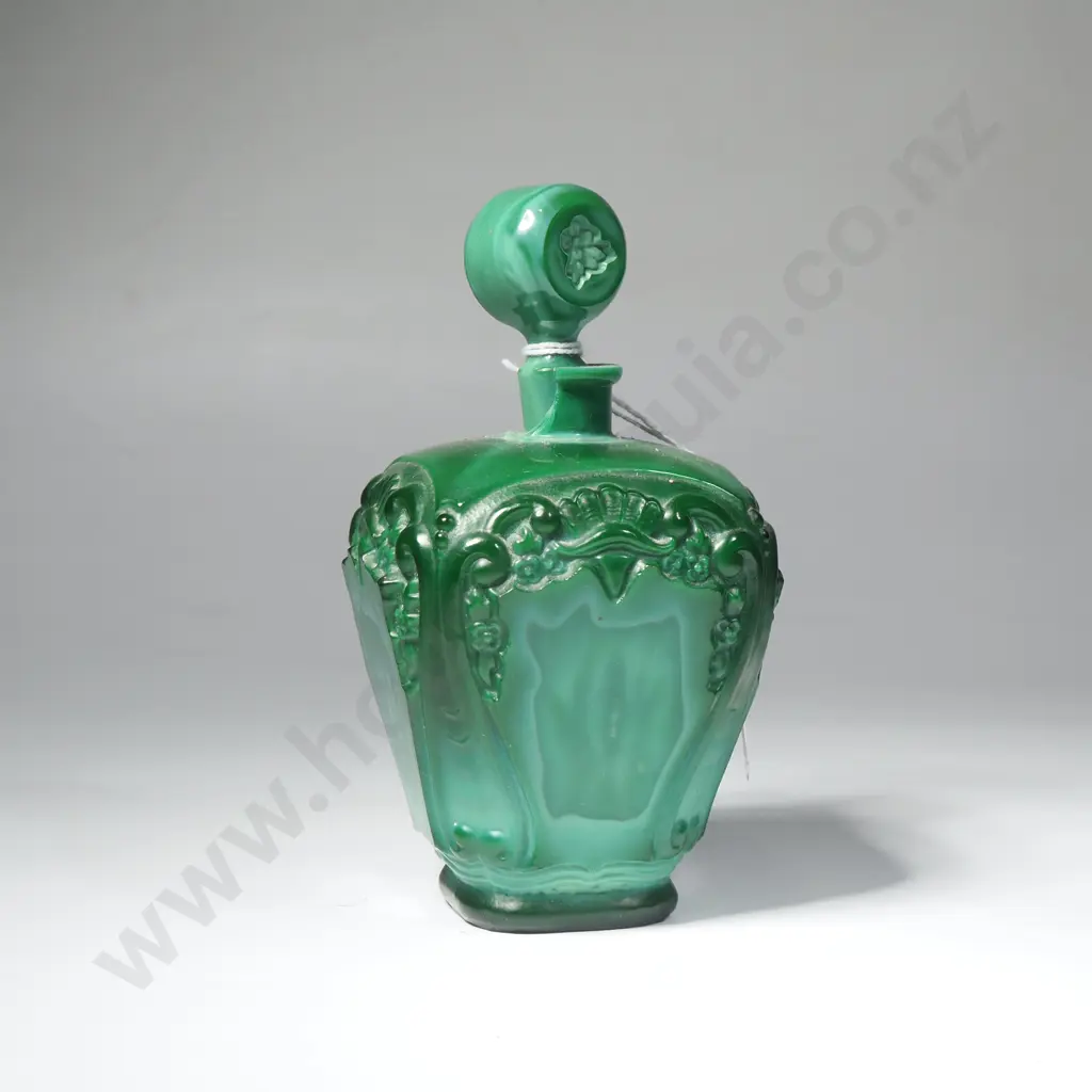 Bohemian Czech Art Deco Malacite Glass Perfume Bottle Image 1++