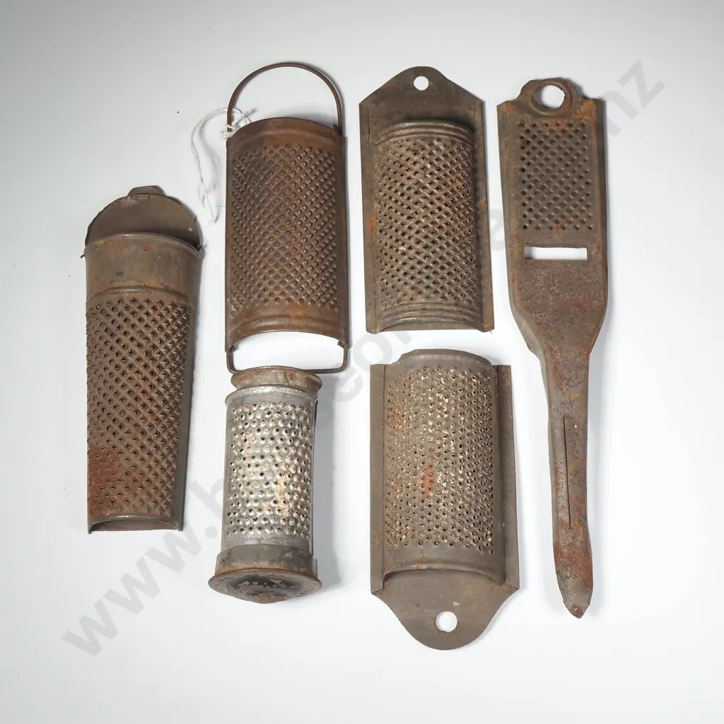 Five Antique Tin Nutmeg Graters including Wall Hanging Examples & One w Storage Capacity Image 1++