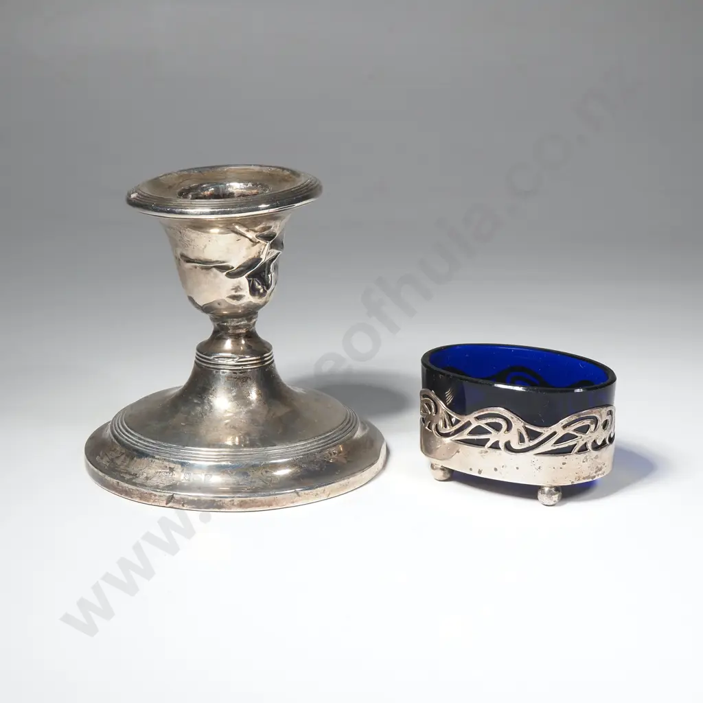 Sterling Silver Salt w Blue Glass Inset & a Sterling Candlestick (A/F) Image 1++