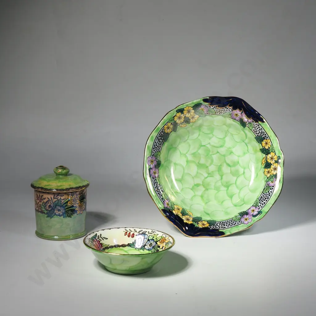 Maling Green Lustre Thumbprint Bowl. Small Dish & Lidded Jam Pot Image 1++