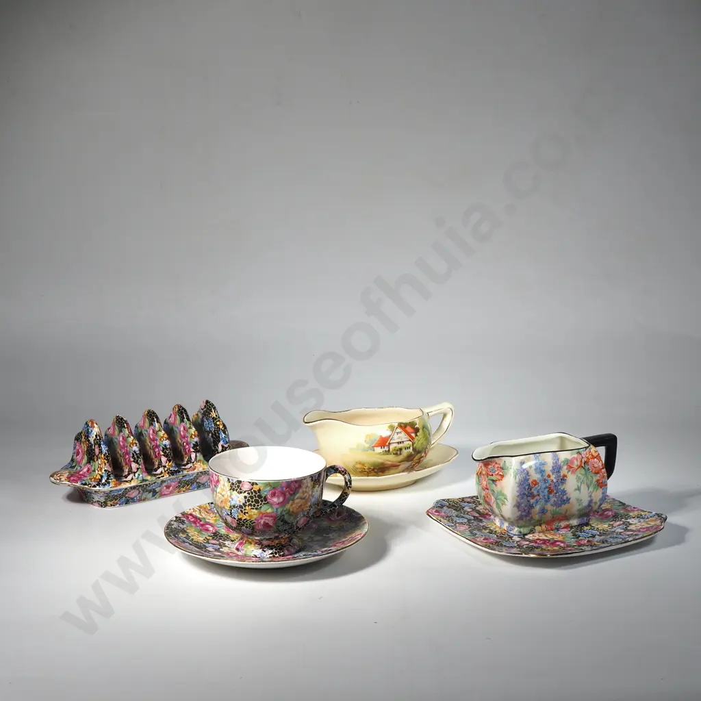 Allover Pattern China Trio, Small Toast Rack & Empire Ware 'Delphi' Small Jug & Royal Winton Sauce Boat & Undersaucer Image 1++