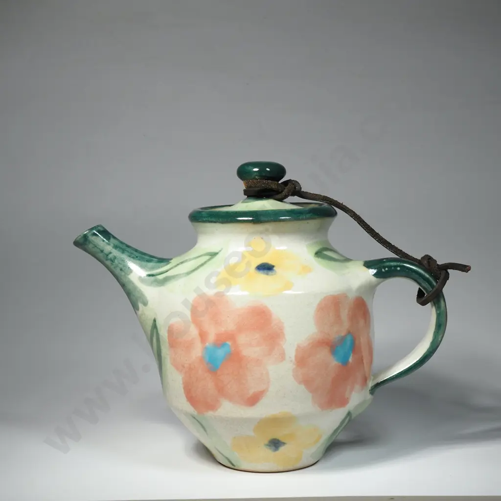 Ceramic Teapot with Lid Connected by Leather Strap Image 1++