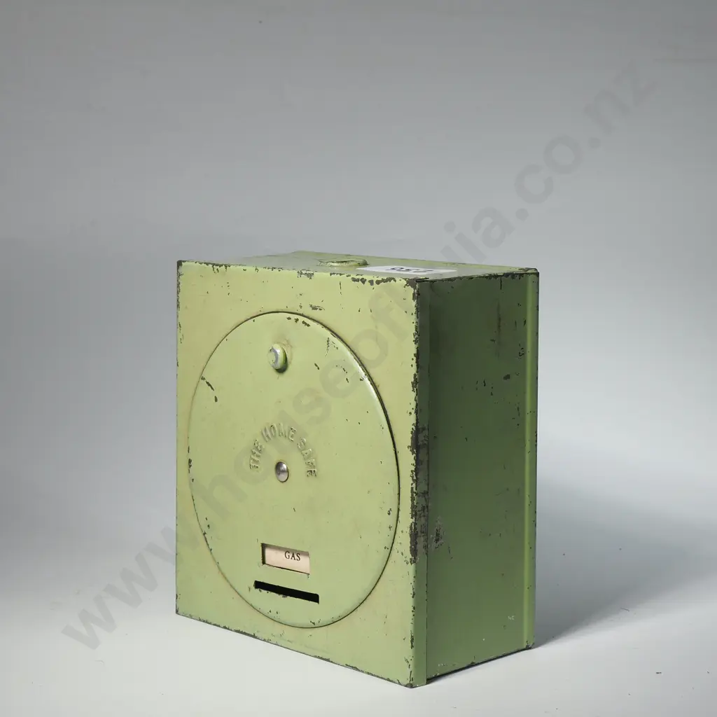 Vintage Green 'The Home Safe' Container is Collectible Coin Bank Designed to Hold Money for Utility Payments Image 1++