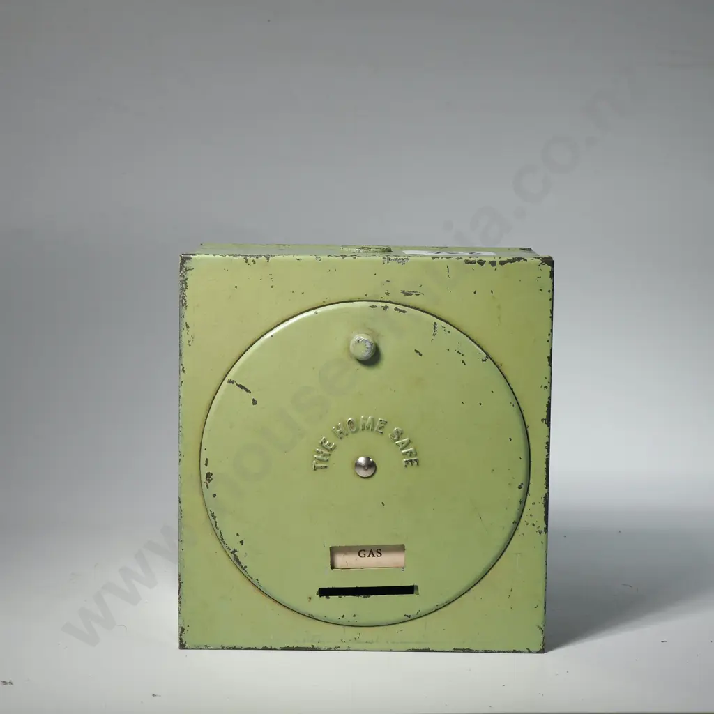 Vintage Green 'The Home Safe' Container is Collectible Coin Bank Designed to Hold Money for Utility Payments Image 1++