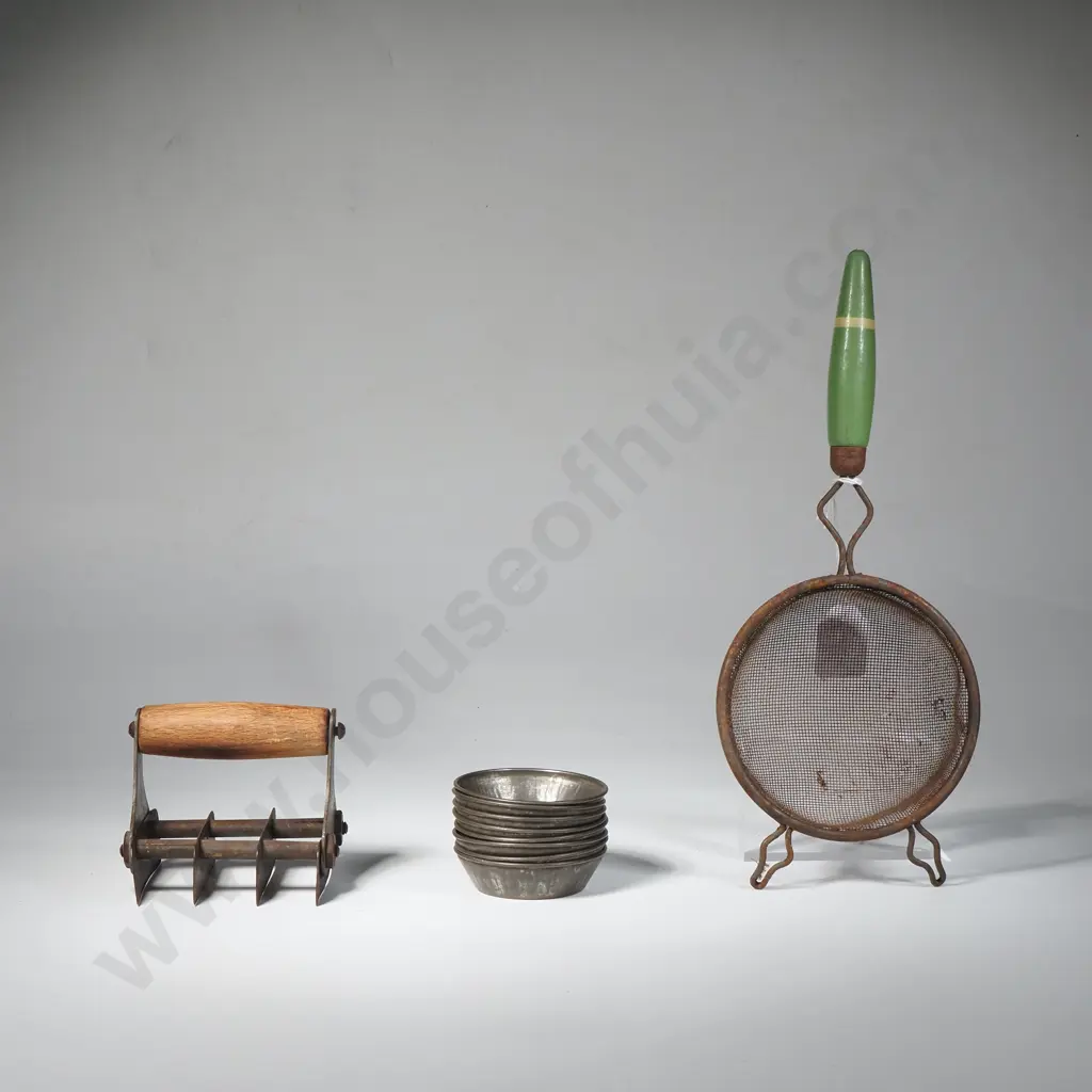 Vintage Wooden Handled Sieve, Eight Individual Tin Patti Tins & a Herb Chopper w Wooden Handle Image 1++