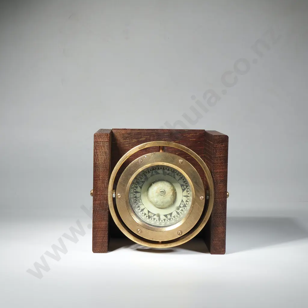 Brass Nautical Maritime Gimbal Compass Mounted in Timber, Stamped 5050 Image 1++