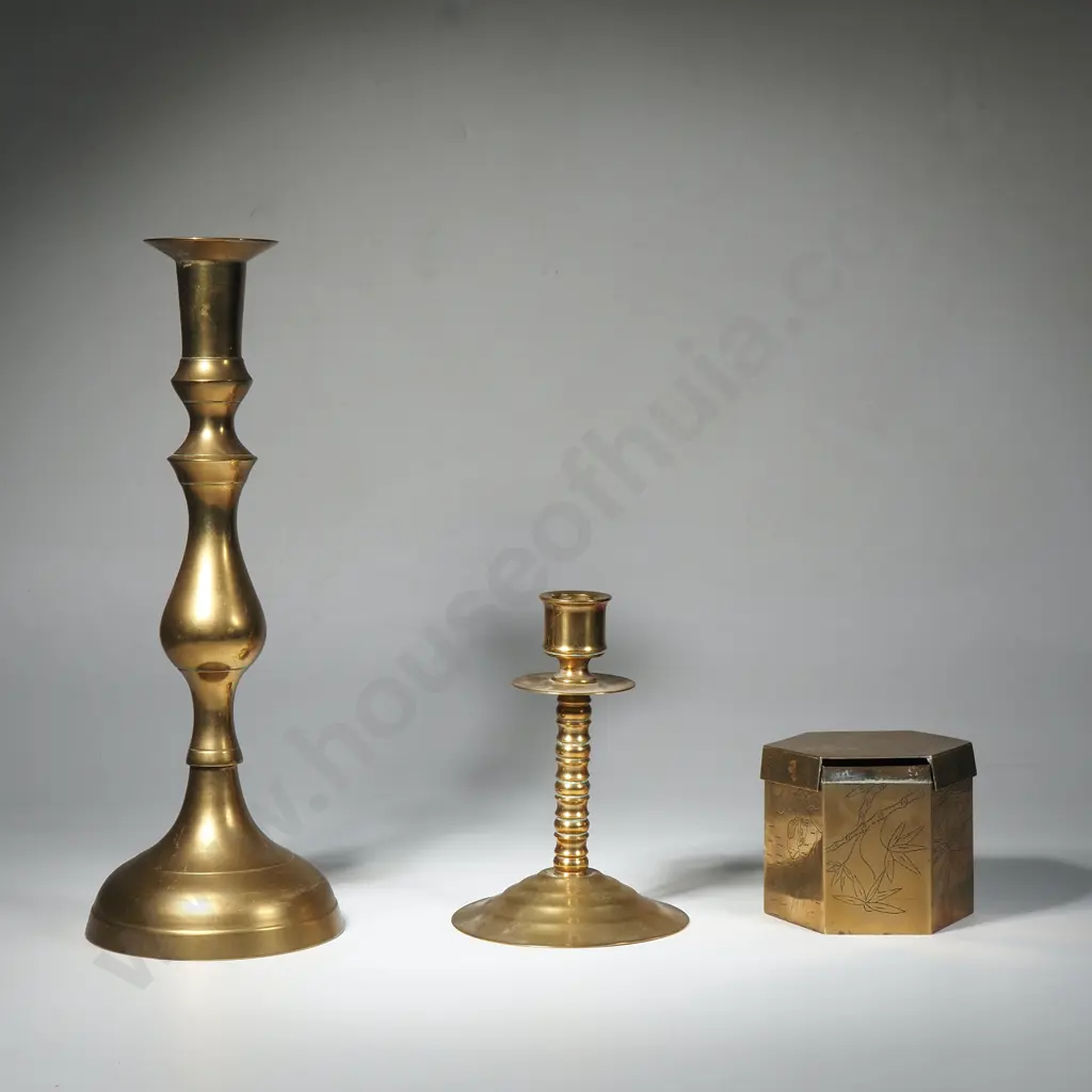 2 x Brass Candlesticks & Chinese Brass Box A/F Image 1++