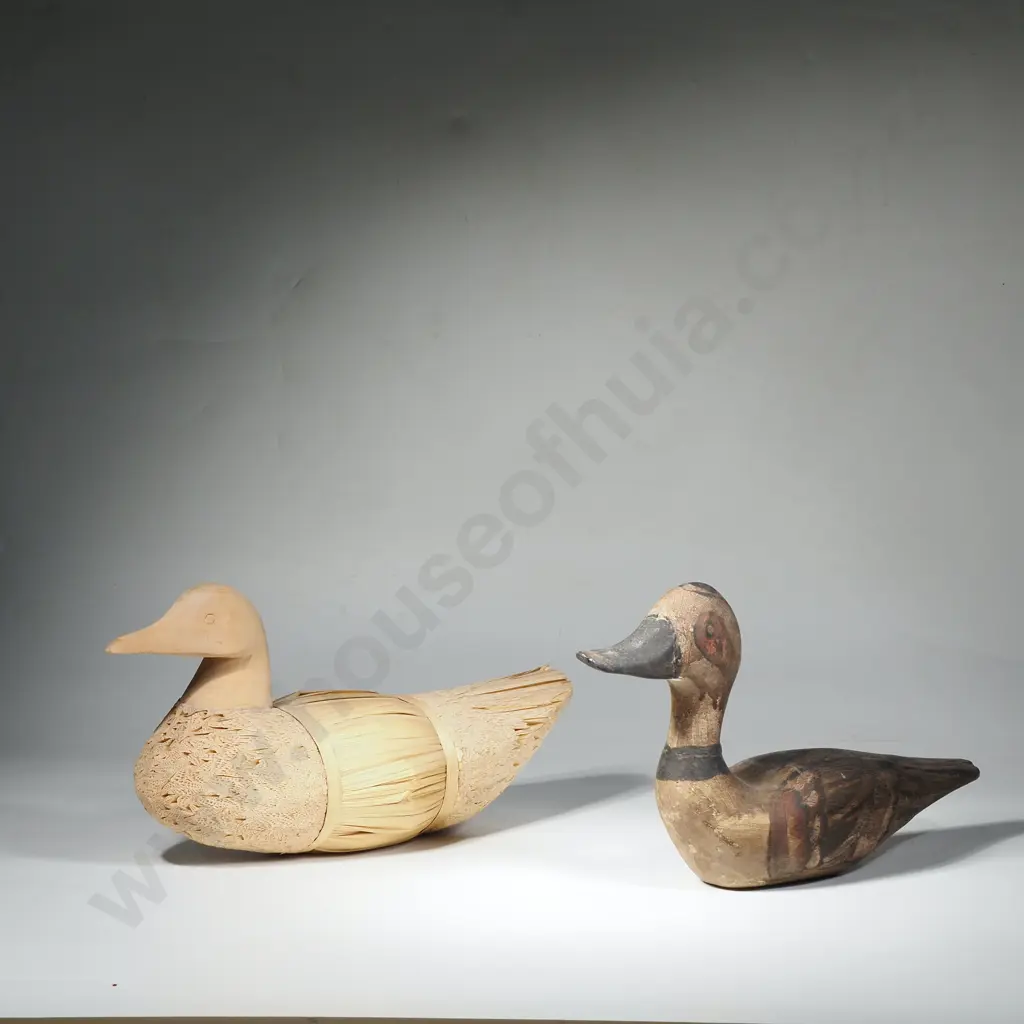 Pair of Vintage Decorative Decoy Ducks - One a Reed Bird & the Other a Wooden Duck Decoy Image 1++