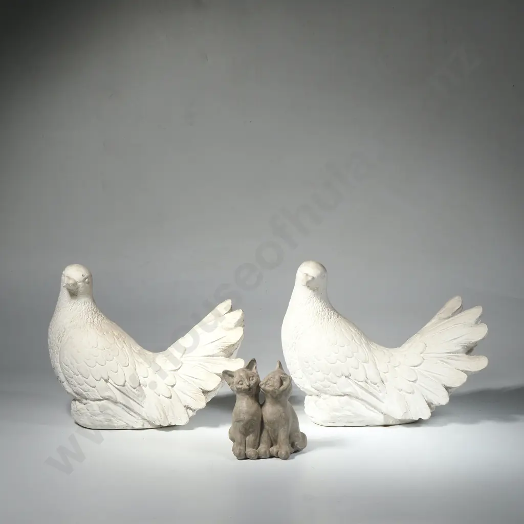 Pair of Heavy Chalk? Figures of Doves & a Cat Duo Featuring a Weathered Stone Finish Image 1++