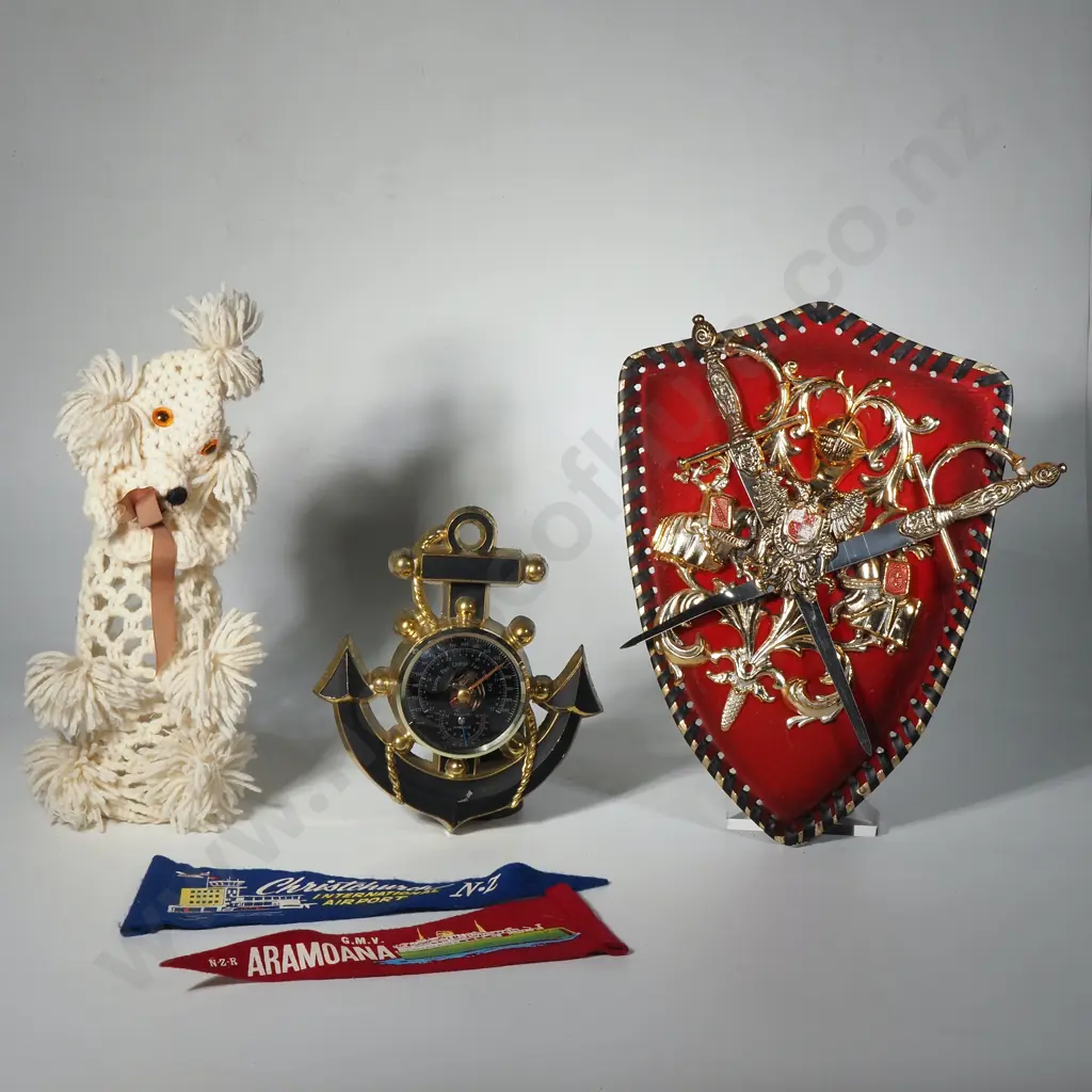 Nautical Themed Barometer, Medieval Style Coat of Arms, Two Souvenir Pendants & A Crocheted Poodle Bottle Cover Image 1++