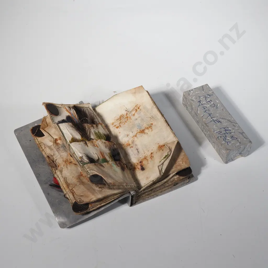 Collection of Fishing Flies Containing in Aluminium Folder/ Book & a Box of Small Red Feathers for Fly Making Image 1++