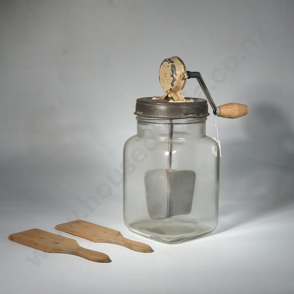 Blow 'Taco' Butter Churn w Cream Metalware Top w Clear Glass Jar, Made in Burnley, England Image 1++