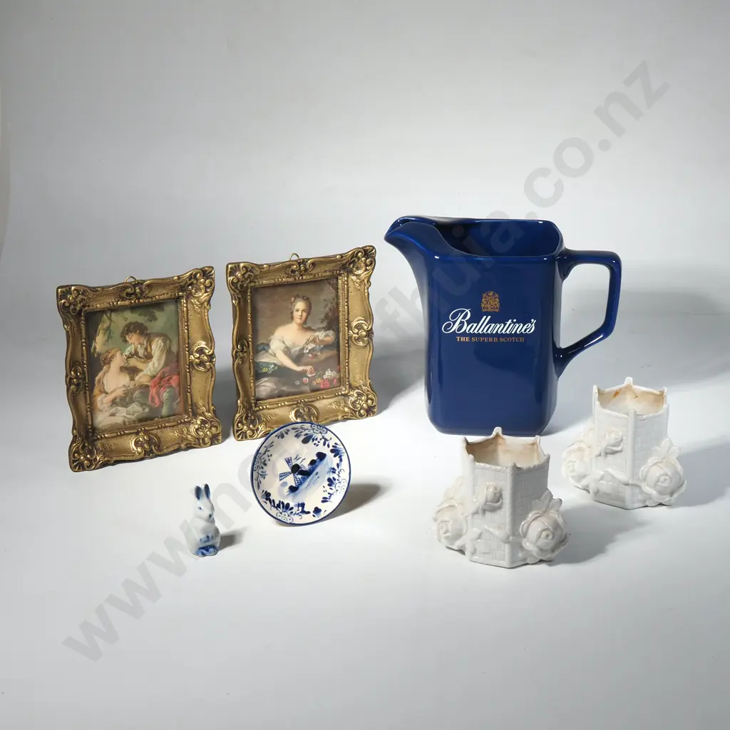 Ballantines Water Jug, Pair of Victorian Spill Vases, Pair of Gilt Framed Miniatures & Delft Ware Small Plate & Rabbit Image 1++