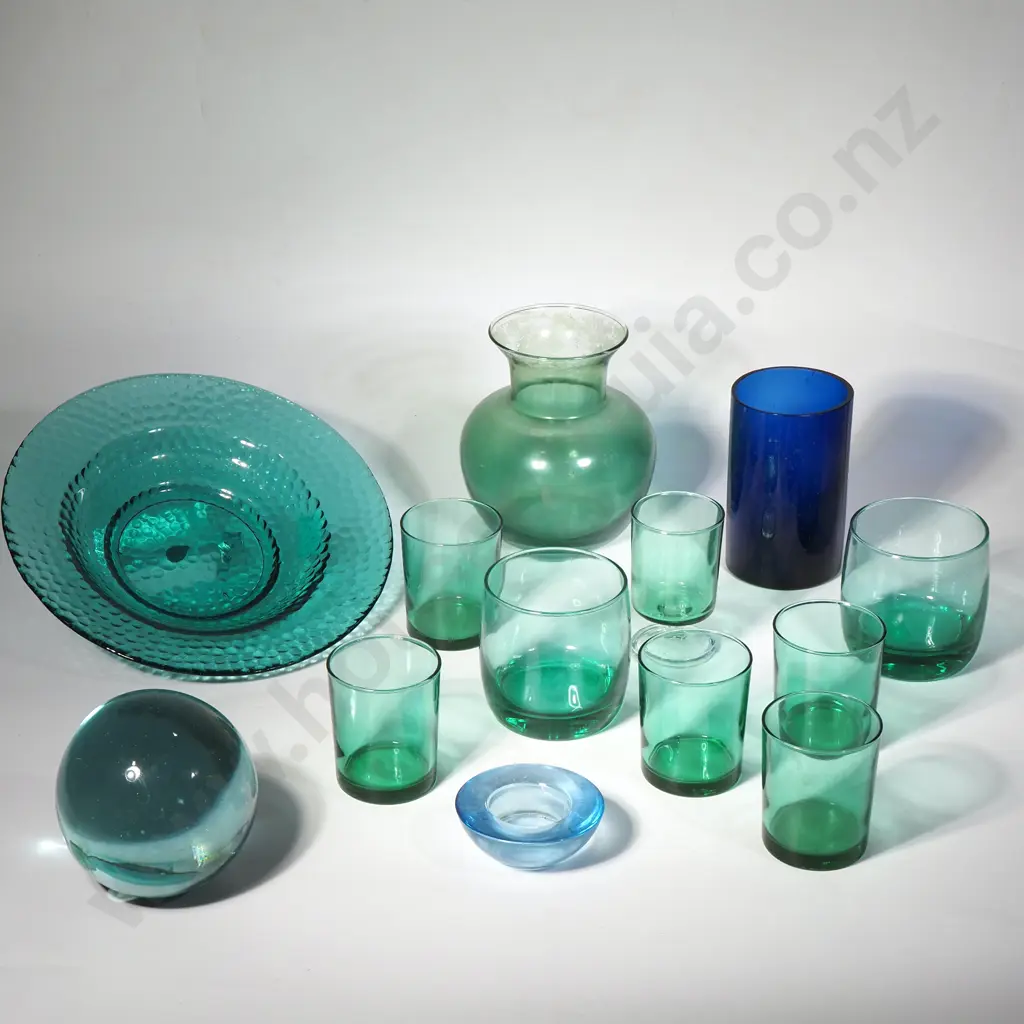 Quantity of Green & Blue Glass including Tumblers, Dimpled Plate, Paperweight & a Vintage Cobalt Blue Vessel Image 1++