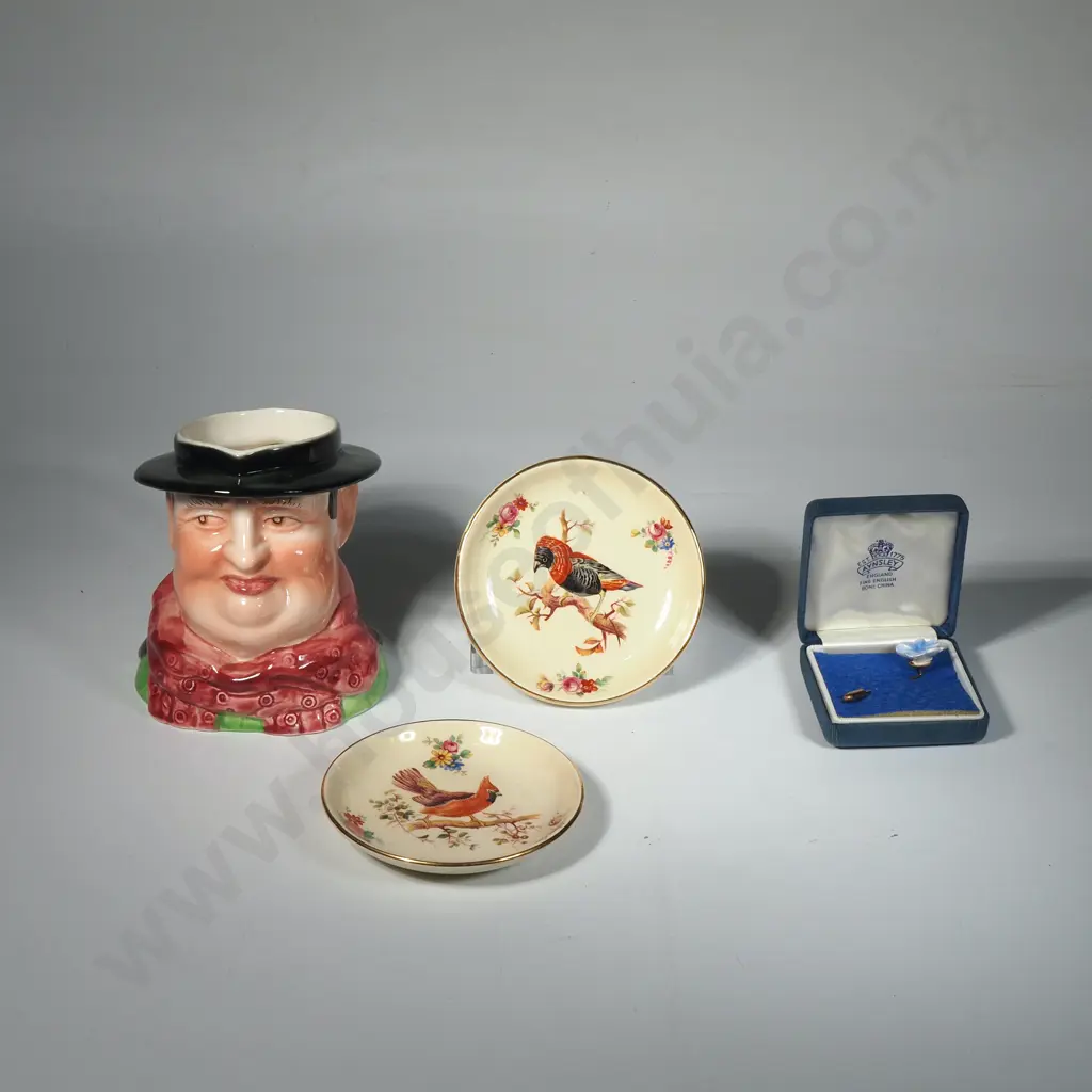 China Toby Weller Toby Jug, Pair of Royal Doulton Butter Dishes & Aynsley Floral Pin Image 1++