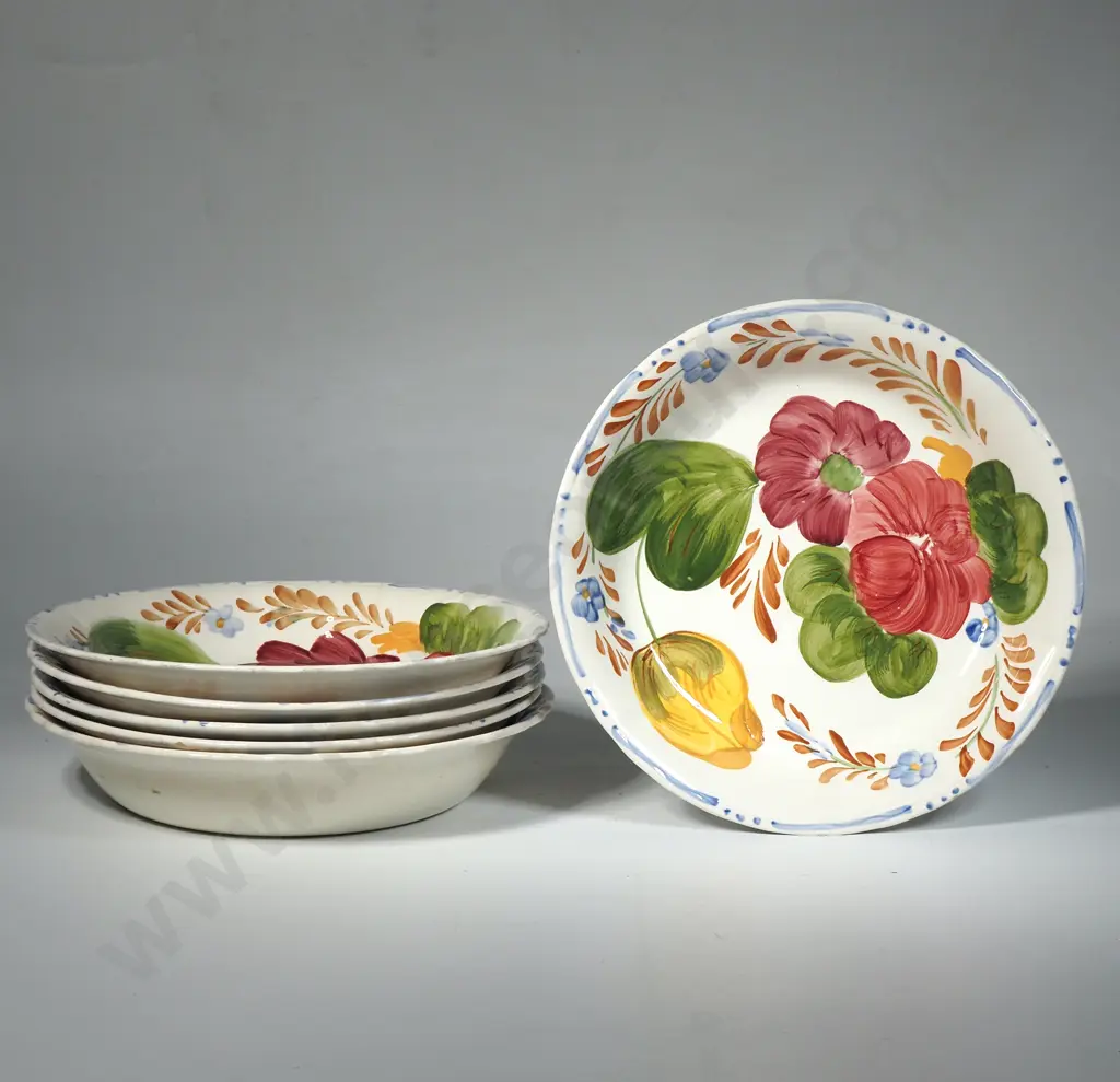 Six Belle Fiore Chanticleer Ware Soup Bowls, Three A/F Image 1++