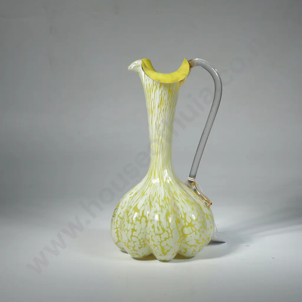 Vintage Bohemian Splatter Glass Jug, Yellow & White w Floral Enamel Flowers. Possibly Franz Welz Image 1++