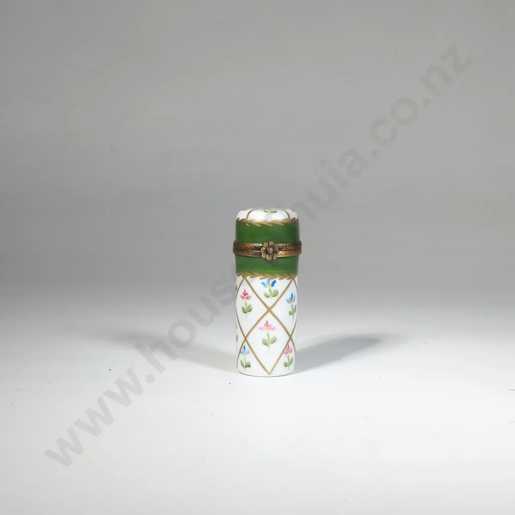 Limoges Floral Cylindrical Tall Pill Box w Gold Trellis Detailing & Green Band Image 1++
