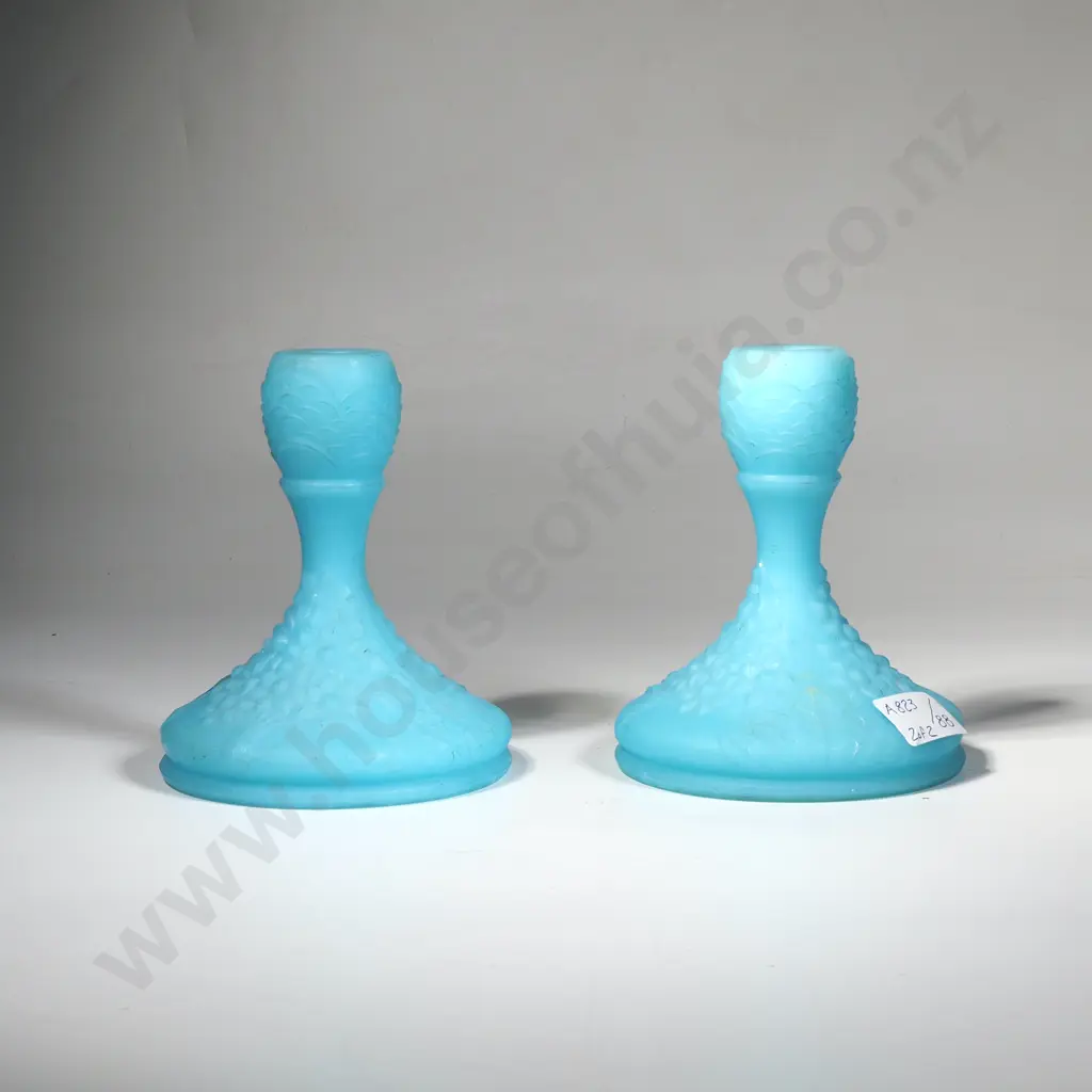 Vintage Pair of Fenton Blue Satin Glass Candlesticks Image 1++