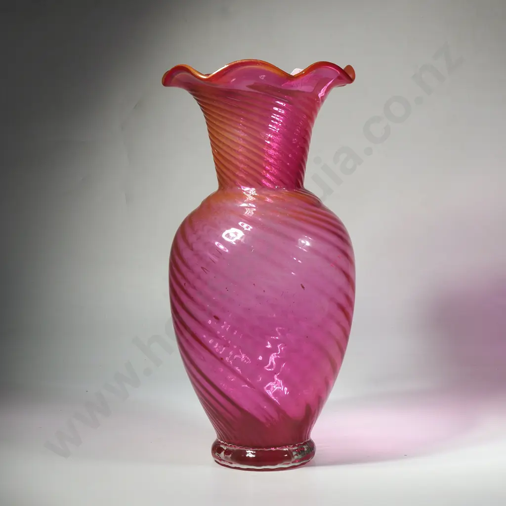 Large Ruffled Rim Cranberry Glass Vase Image 1++