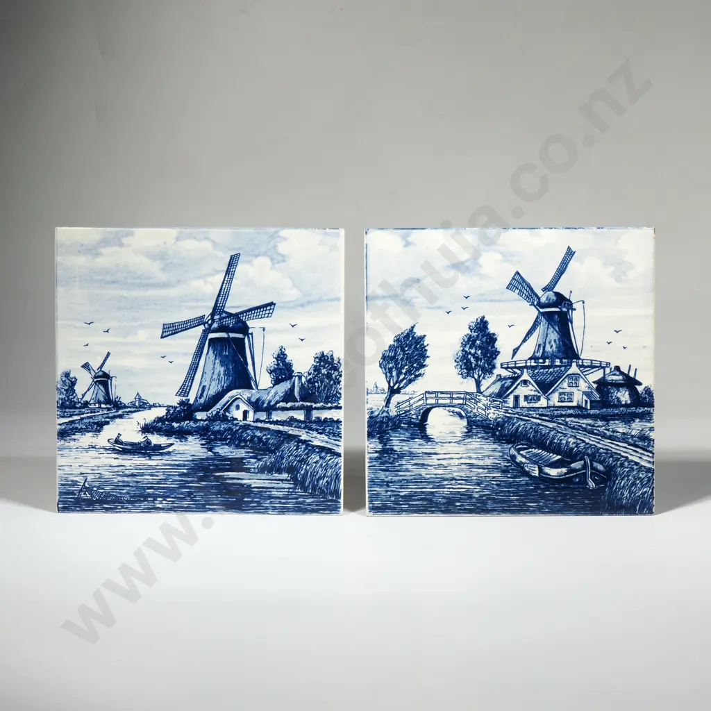 Two Blue & White Delft Tiles, Hand Painted in Holland Image 1++