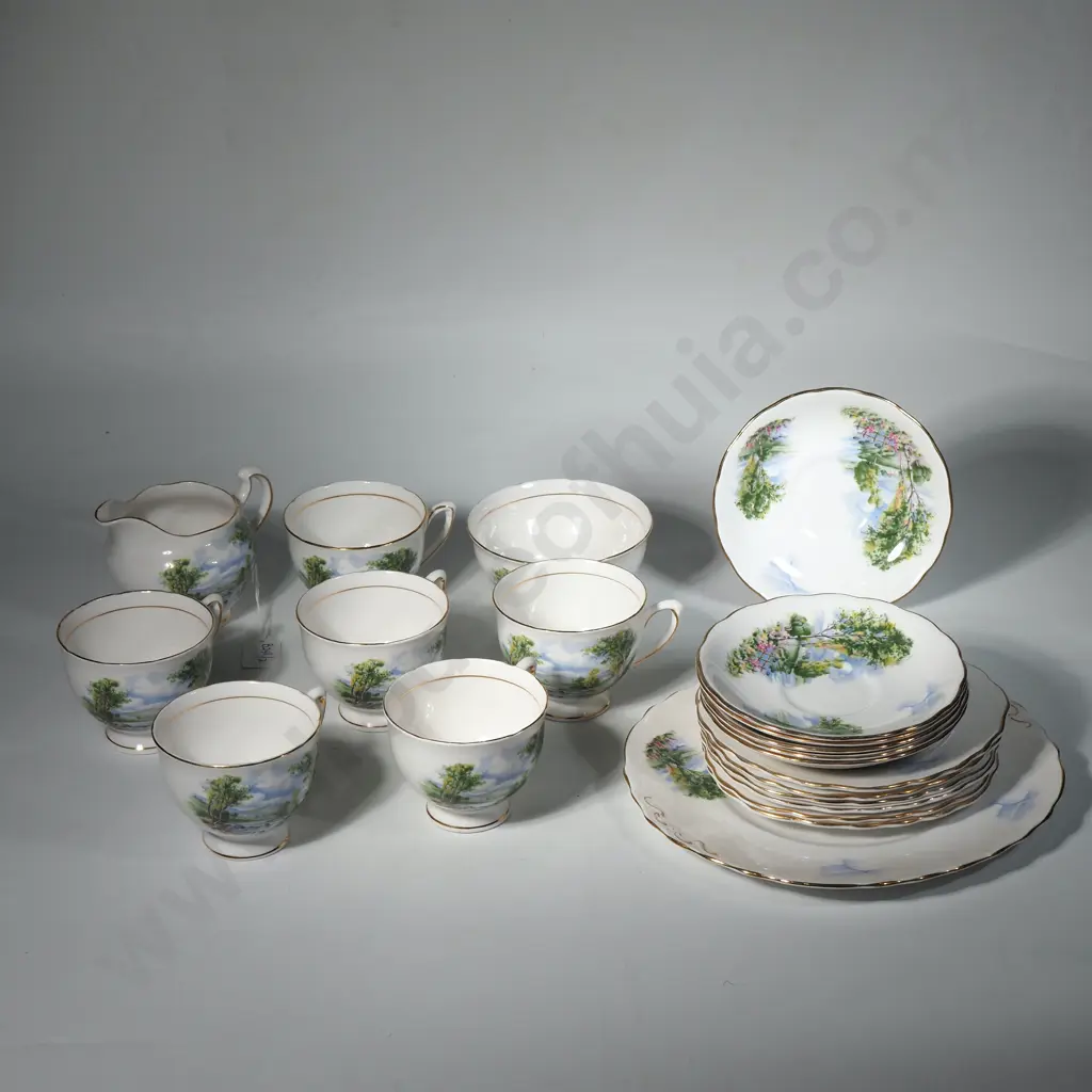 Twenty One Piece Colclough Tea Set w Country Scene Decoration Image 1++