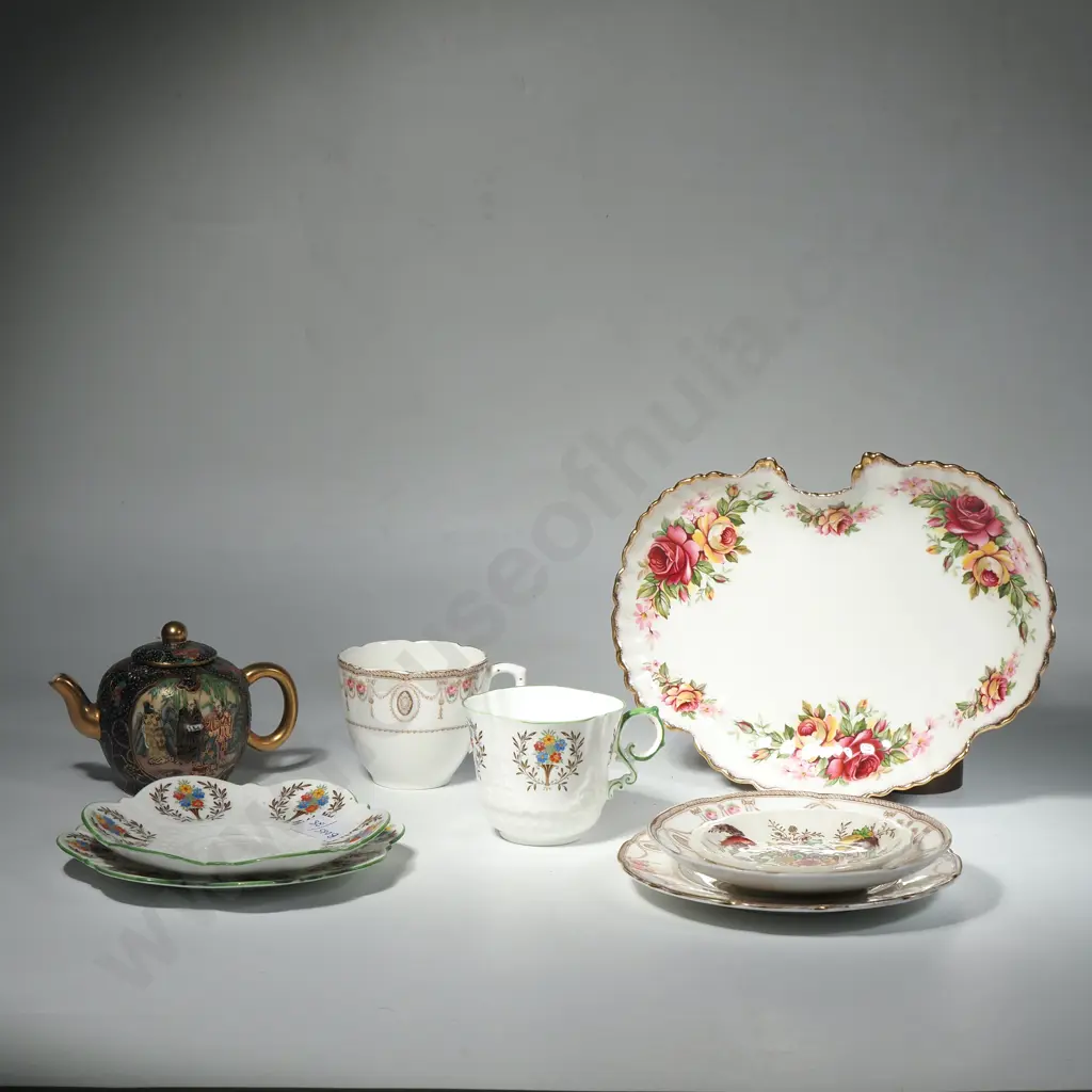 Two Trios, Satsuma Style Miniature Teapot, Old Foley James Kent Shaped Tray, Royal Doulton Staffordshire Pin Dish Image 1++