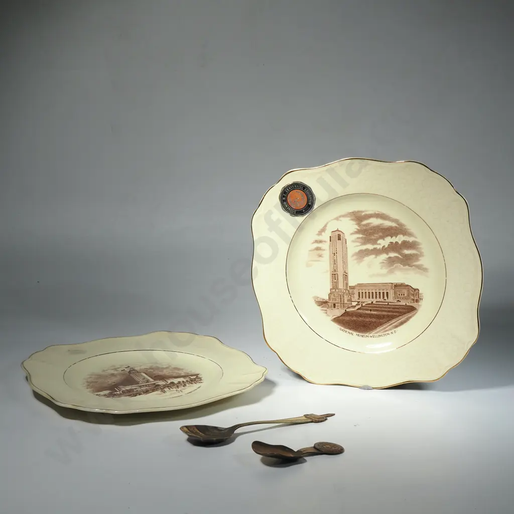 NZ Centennial Exhibition of NZ China - Two Cake Plates & Two Spoons Image 1++