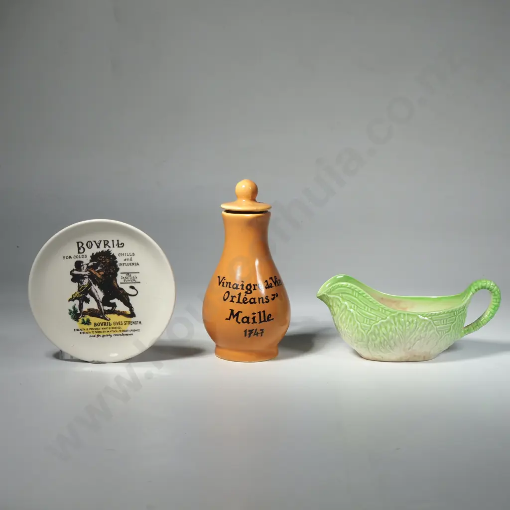 A Bovril Advertising Pin Dish - Beswick Leaf Sauce Boat - French Oil Bottle Image 1++