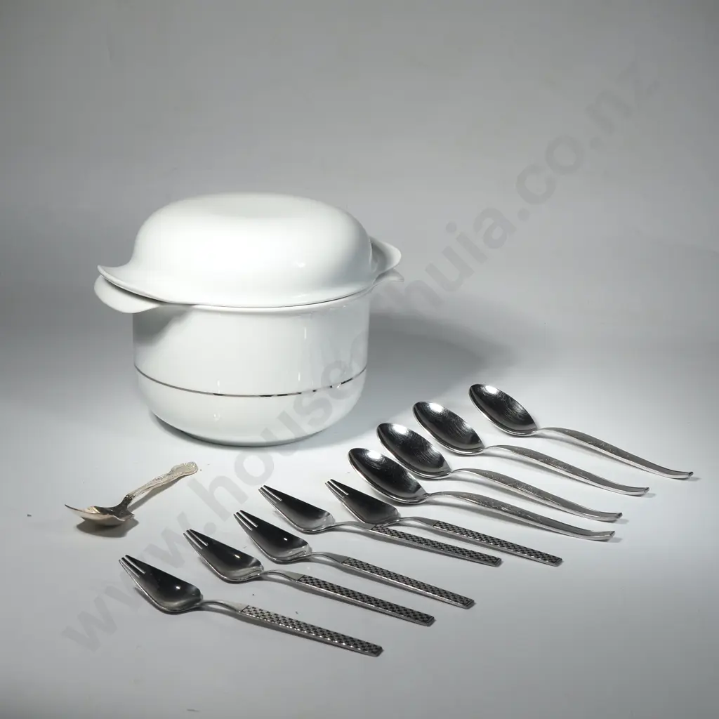 Mid Century Hutschenreuther Tavola Covered China Casserole Dish & Four Mid Century Sporks w Chequer Board Pattern Image 1++