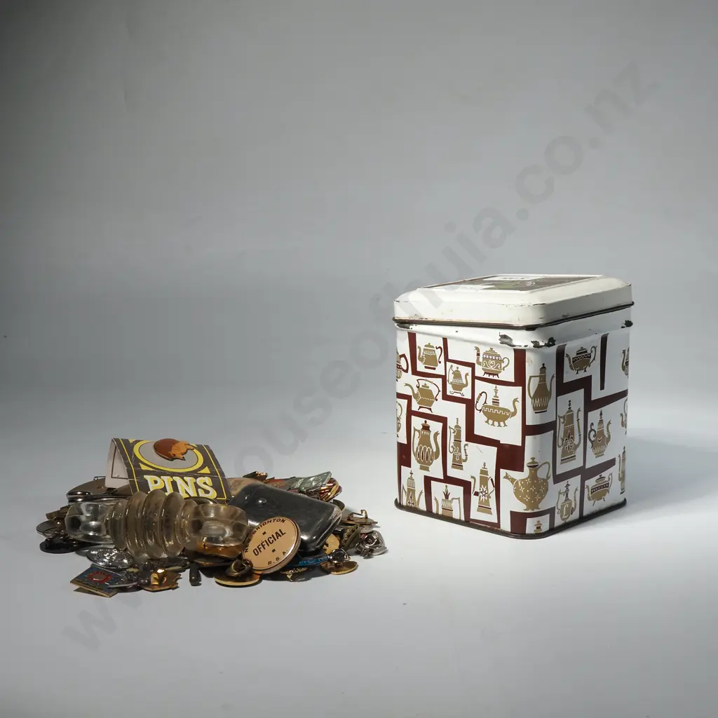 Tea Caddy Tin Containing Quantity of Pennies, Badges, Coins Image 1++