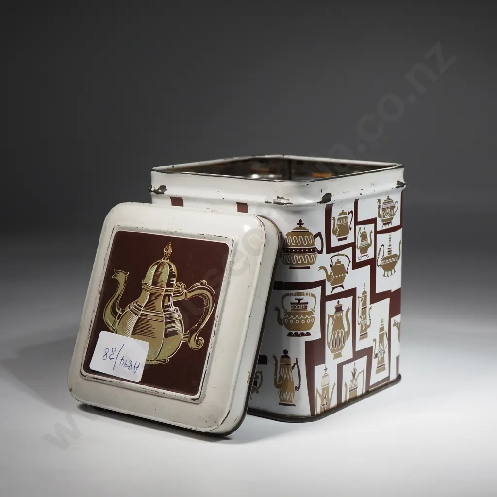 Tea Caddy Tin Containing Quantity of Pennies, Badges, Coins Image 1++