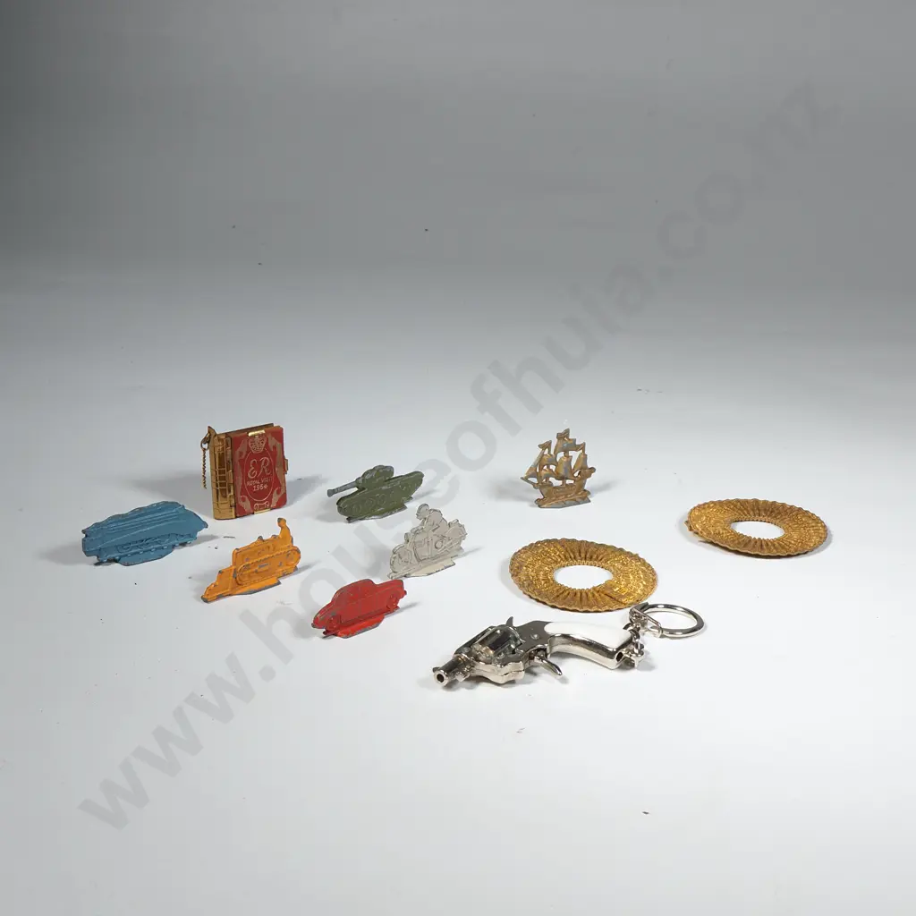 Six Metal Game Tokens - Revolver Key Ring - Royal Visit 1954 Booklet Image 1++