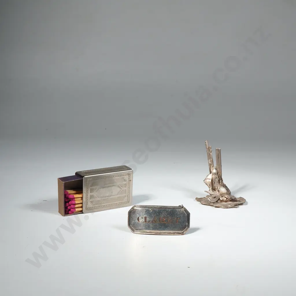 Silver Plate Match Box Holder - Decanter Label & Ornament Image 1++