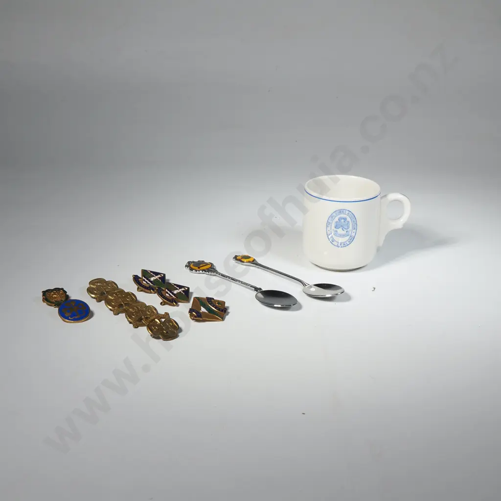 Collection of Mainly Girl Guide Enamel Pins, Two Girl Guide Enamel Spoons & Girl Guide Association NZ Demi Tasse Cup A/F Image 1++